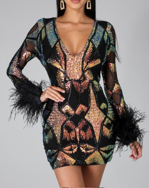 Patchwork Print Skinny Ostrich Feather Sequins Sexy Party Dress