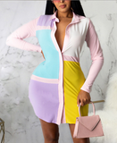 Colorblock Long Sleeve Buttoned Casual Shirt Dress