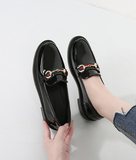 Fathion Black Pearl Studded Patent Leather Low Heel Loafers