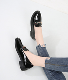 Fathion Black Pearl Studded Patent Leather Low Heel Loafers