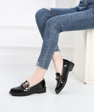 Fathion Black Pearl Studded Patent Leather Low Heel Loafers