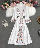 Unique White Embroidered Puff Sleeve Maxi Dress