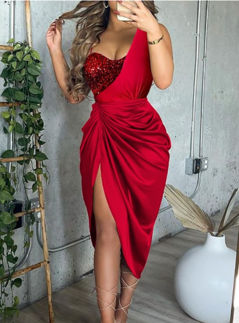 one shoulder split thigh dress One Shoulder Ruched Waist Split Thigh Solid Dress