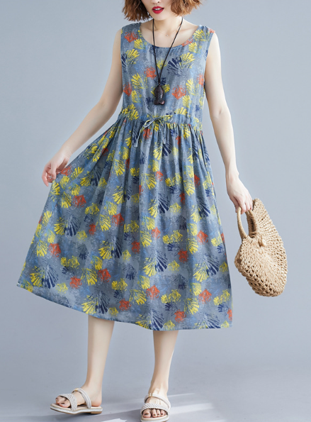 Trendy Sleeveless Drawstring Lemon Print Maxi Dress