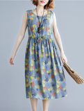 Trendy Sleeveless Drawstring Lemon Print Maxi Dress