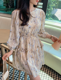 BOHO FLORAL PRINT BOW TIE NECK CHIFFON SUMMER DRESS