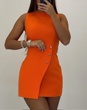 Summer Women Sleeveless Buttoned Asymmetrical Dress