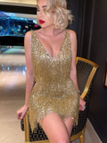 Summer Spaghetti Strap V-Neck Sequins Tassel Feather Mini Dress