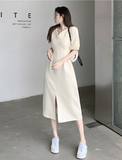 Summer Slim Waist Split Fashion Midi White Dresses