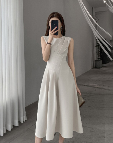 Women O-Neck High Waist Summer Elegant Midi White Dresses