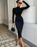 Summer Long Sleeve Fashion High Neck Backless Elegant Black Dress