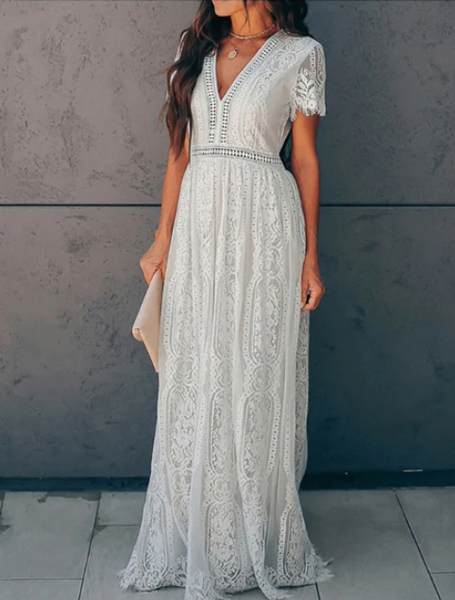 Summer New V Neck Embroidery Lace Hollow Out Maxi Dress