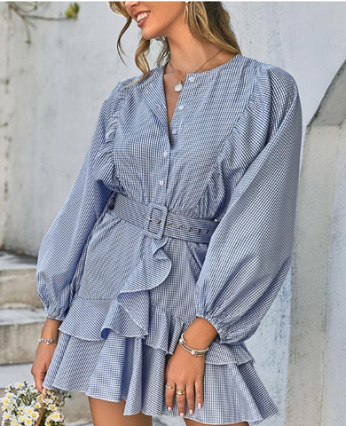 Elegant Plaid Batwing Long Sleeve Spring Summer Ruffle Mini Shirt Dresses