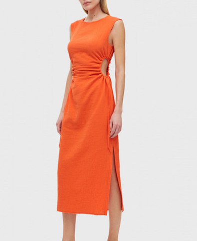 Sleeveless Slim Office Ladies O-Neck Orange Hollow Out Dresses