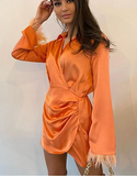 Women Sexy Green V-neck Pleated High Waist Summer Feather Satin Mini Dress