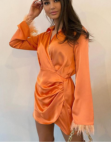 Women Sexy Green V-neck Pleated High Waist Summer Feather Satin Mini Dress