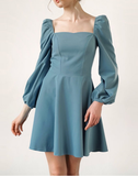 New Ruched Patchwork Puff Sleeve Slim Women's Solid Square Collar A-line Dress