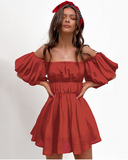 Brick Red Fold A-line Cotton Puff Sleeve Slash Neck Women's Dress