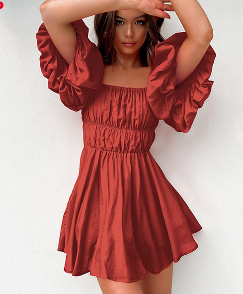 Brick Red Fold A-line Cotton Puff Sleeve Slash Neck Women's Dress