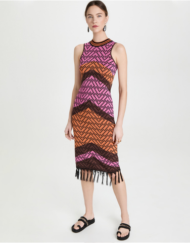 Summer Sleeveless Fringed Contrast Color Striped Panel Slim Fit Women Dress