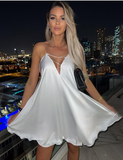 Chain Sling Cutout Satin Sexy Sleeveless Backless Ruffle Hem Female Dresses