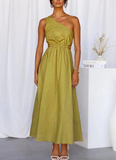 Solid Color High Waist One-Shoulder A-Line Cutout Summer Dress