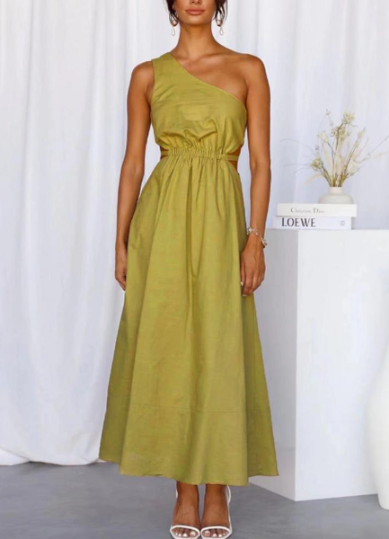 Solid Color High Waist One-Shoulder A-Line Cutout Summer Dress