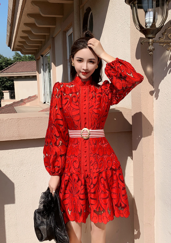 High Quality Vintage Hollow Out Lace Floral Embroidery Party Dress