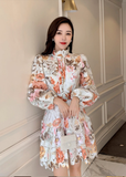 Women Stand Collar Lantern Sleeve High Waist Mini Dress