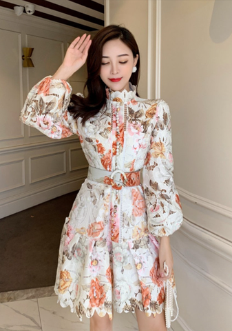 Women Stand Collar Lantern Sleeve High Waist Mini Dress