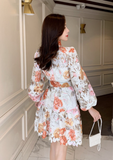 Women Stand Collar Lantern Sleeve High Waist Mini Dress