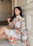 Women Stand Collar Lantern Sleeve High Waist Mini Dress
