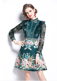 Women's Beading Stand Long Sleeve Ruffles Lace Stitching Flower Jacquard Dress