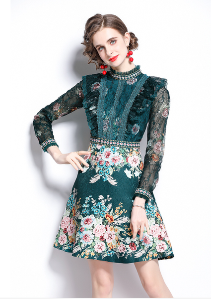 Women's Beading Stand Long Sleeve Ruffles Lace Stitching Flower Jacquard Dress