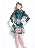 Women's Beading Stand Long Sleeve Ruffles Lace Stitching Flower Jacquard Dress