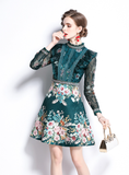 Women's Beading Stand Long Sleeve Ruffles Lace Stitching Flower Jacquard Dress