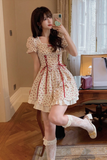 Floral Lace Dress Mori Girl Style Elegant Puff Sleeve Bandage  Mini Short Dresses