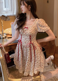 Floral Lace Dress Mori Girl Style Elegant Puff Sleeve Bandage  Mini Short Dresses