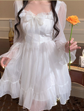 Vintage Sweet Kawaii Women French Elegant White Ruffle Party Dresses