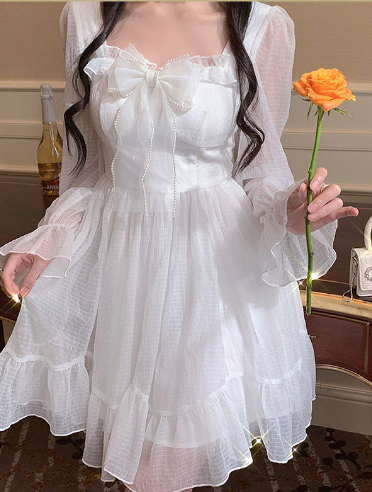 Vintage Sweet Kawaii Women French Elegant White Ruffle Party Dresses