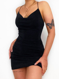 Women Back Cross Sleeveless Draped V-Neck Mini Sundress Party Dress