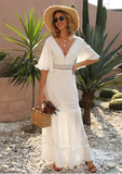 White Lace Trim Maxi Vacation Party Backless Ruffle Sleeve Flared A-Line Dress