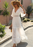 White Lace Trim Maxi Vacation Party Backless Ruffle Sleeve Flared A-Line Dress