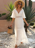 White Lace Trim Maxi Vacation Party Backless Ruffle Sleeve Flared A-Line Dress