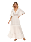 White Lace Trim Maxi Vacation Party Backless Ruffle Sleeve Flared A-Line Dress