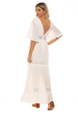 White Lace Trim Maxi Vacation Party Backless Ruffle Sleeve Flared A-Line Dress