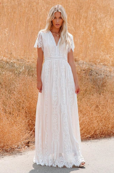 Fashion Women Deep V-neck Lace Hollow Out Bohemian Maxi Dress