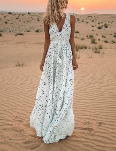 Women Stylish Summer V-neck Tassel Sleeveless Maxi Dresses