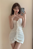 Sweet Lace-up Backless Strapless Drawstring Pleated Halte Dress