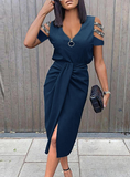 new color zipper long skirt hollow out pleated short sleeve V-neck dress